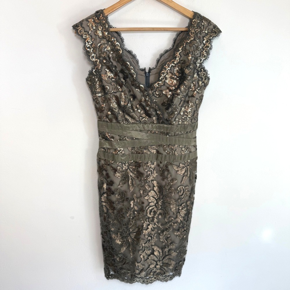 Tadashi Shoji Bronze Olive Sequin Lace Sheath Cocktail Dress Sz 4 Art Deco‎ Glam - Picture 2 of 16